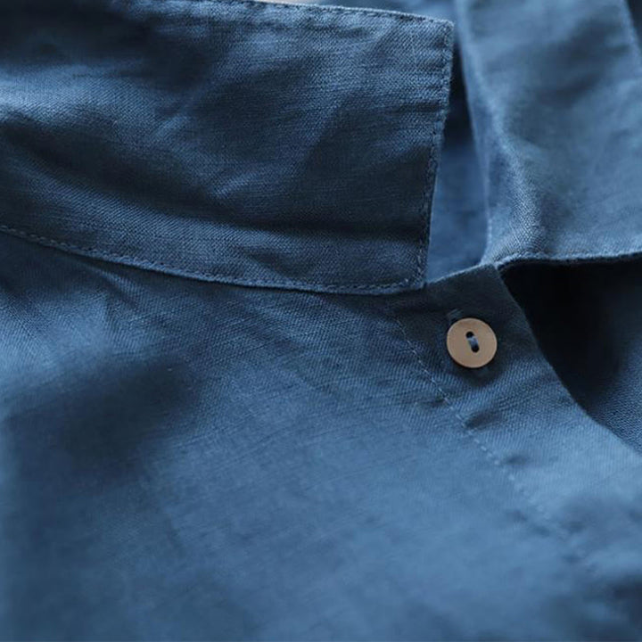 Buddha Stones Casual Plain Lace-up Stand Collar Linen Midi Dress With Pockets - image 5