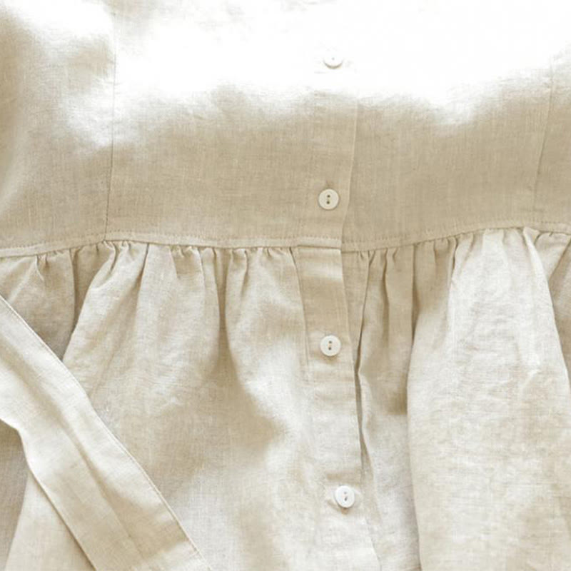 Buddha Stones Casual Plain Lace-up Stand Collar Linen Midi Dress With Pockets - image 12