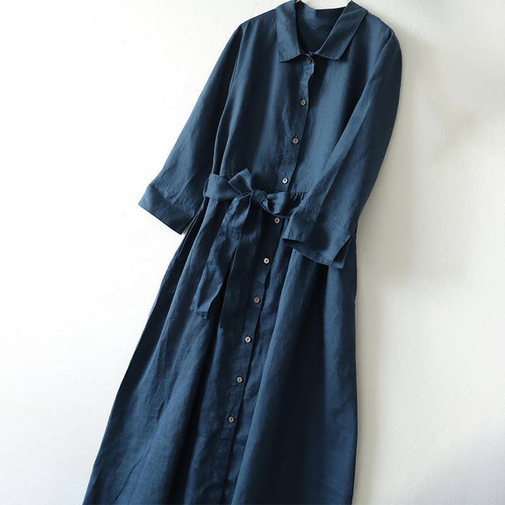 Buddha Stones Casual Plain Lace-up Stand Collar Linen Midi Dress With Pockets - image 3