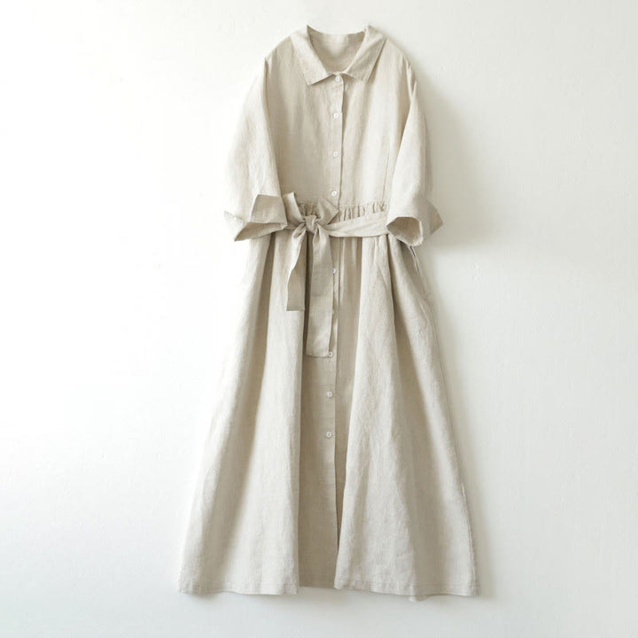 Buddha Stones Casual Plain Lace-up Stand Collar Linen Midi Dress With Pockets - Beige - US8-10,UK/AU12-14,EU40-42 (2XL) - image 9