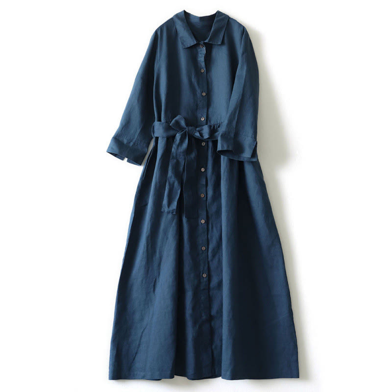 Buddha Stones Casual Plain Lace-up Stand Collar Linen Midi Dress With Pockets - DarkBlue - US8-10,UK/AU12-14,EU40-42 (2XL) - image 1