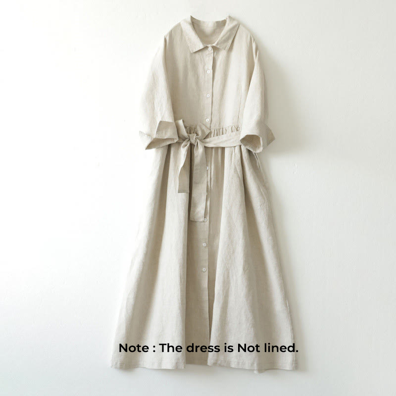 Buddha Stones Casual Plain Lace-up Stand Collar Linen Midi Dress With Pockets - image 10