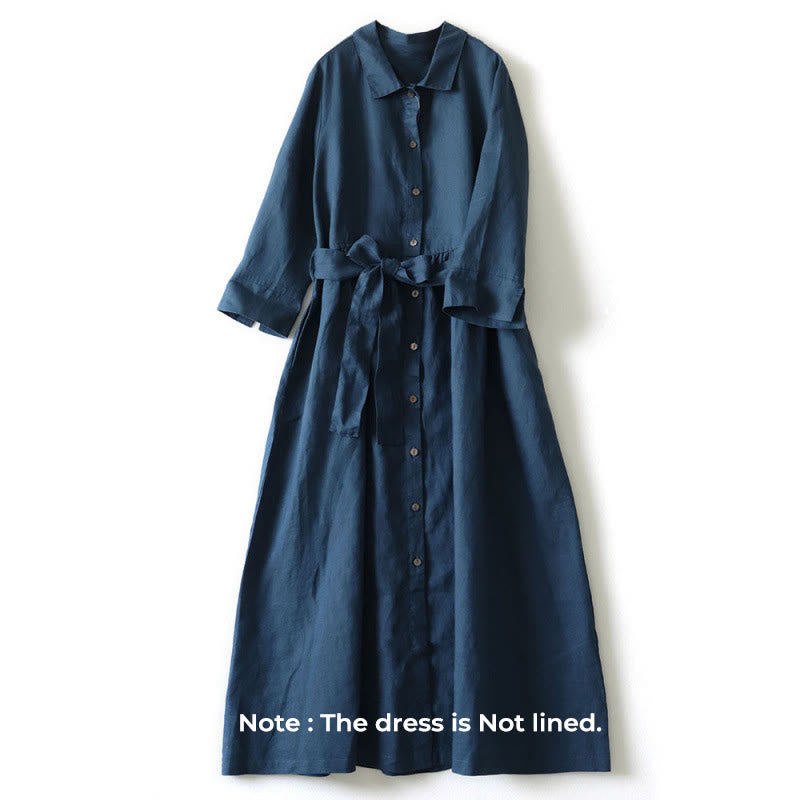 Buddha Stones Casual Plain Lace-up Stand Collar Linen Midi Dress With Pockets - image 2