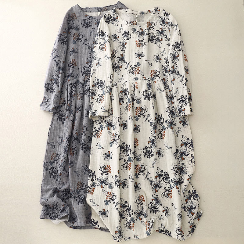 Buddha Stones Casual Small Floral Pattern Crew Neck Cotton Linen Midi Dress With Pockets - image 21