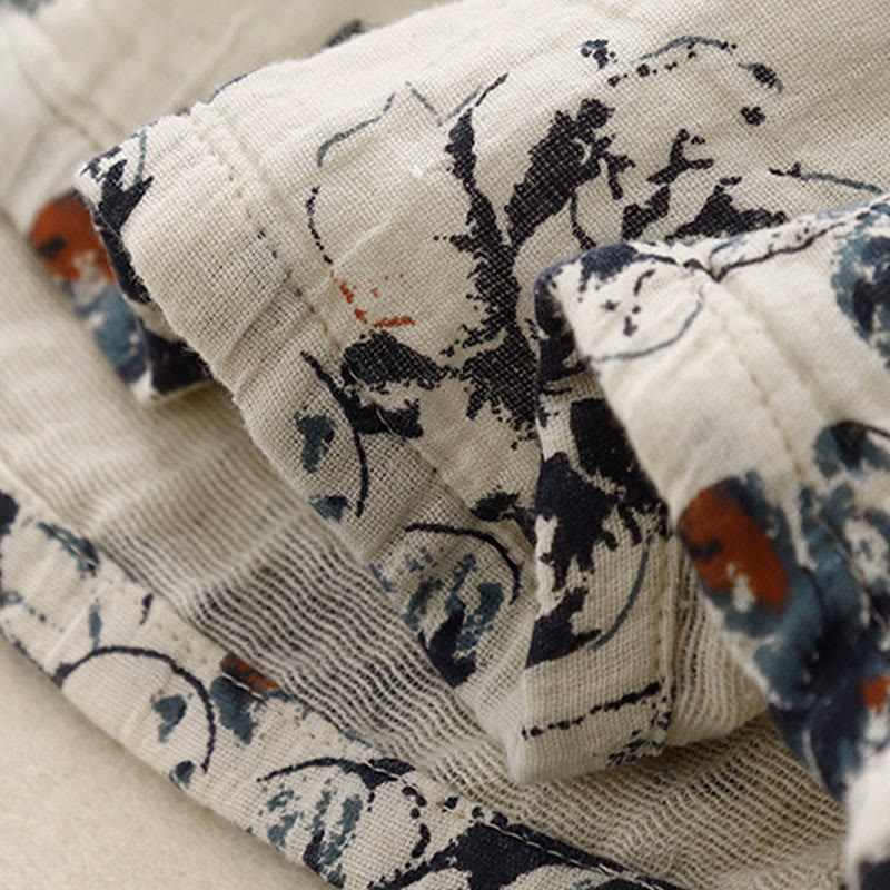 Buddha Stones Casual Small Floral Pattern Crew Neck Cotton Linen Midi Dress With Pockets - image 5