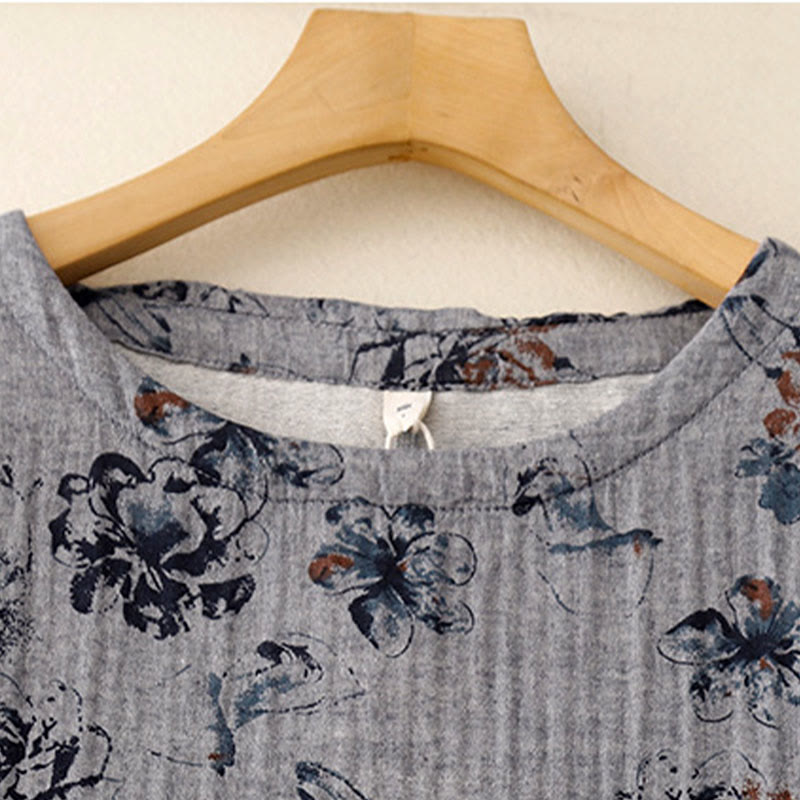 Buddha Stones Casual Small Floral Pattern Crew Neck Cotton Linen Midi Dress With Pockets - image 14