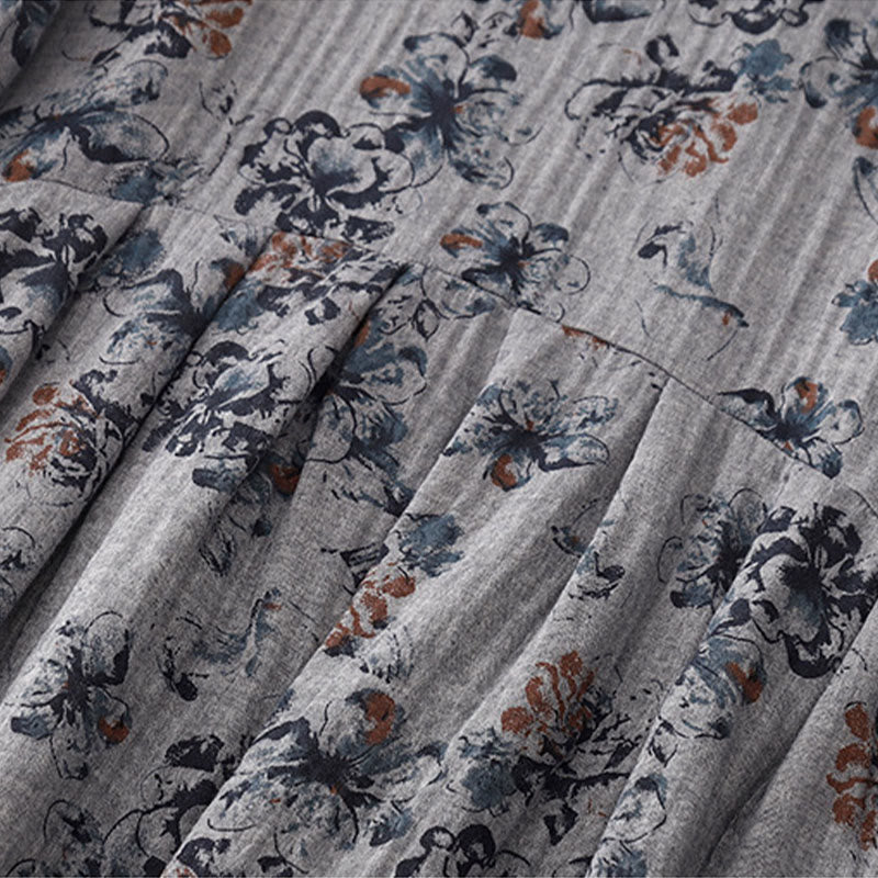 Buddha Stones Casual Small Floral Pattern Crew Neck Cotton Linen Midi Dress With Pockets - image 16