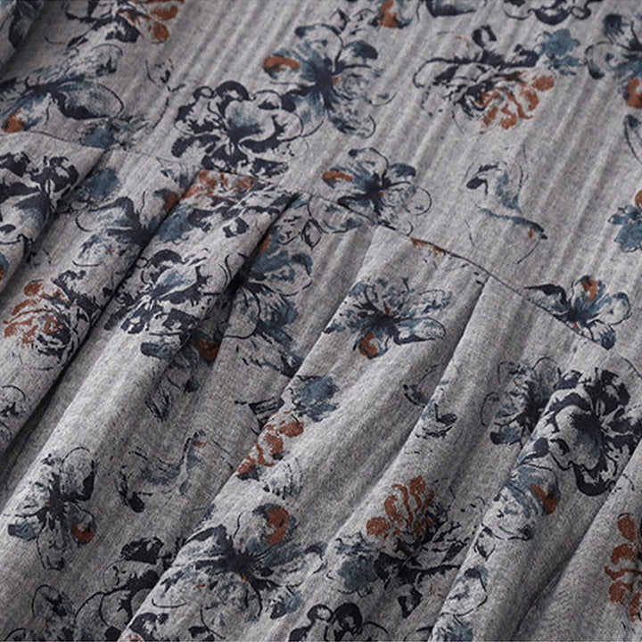 Buddha Stones Casual Small Floral Pattern Crew Neck Cotton Linen Midi Dress With Pockets - image 16