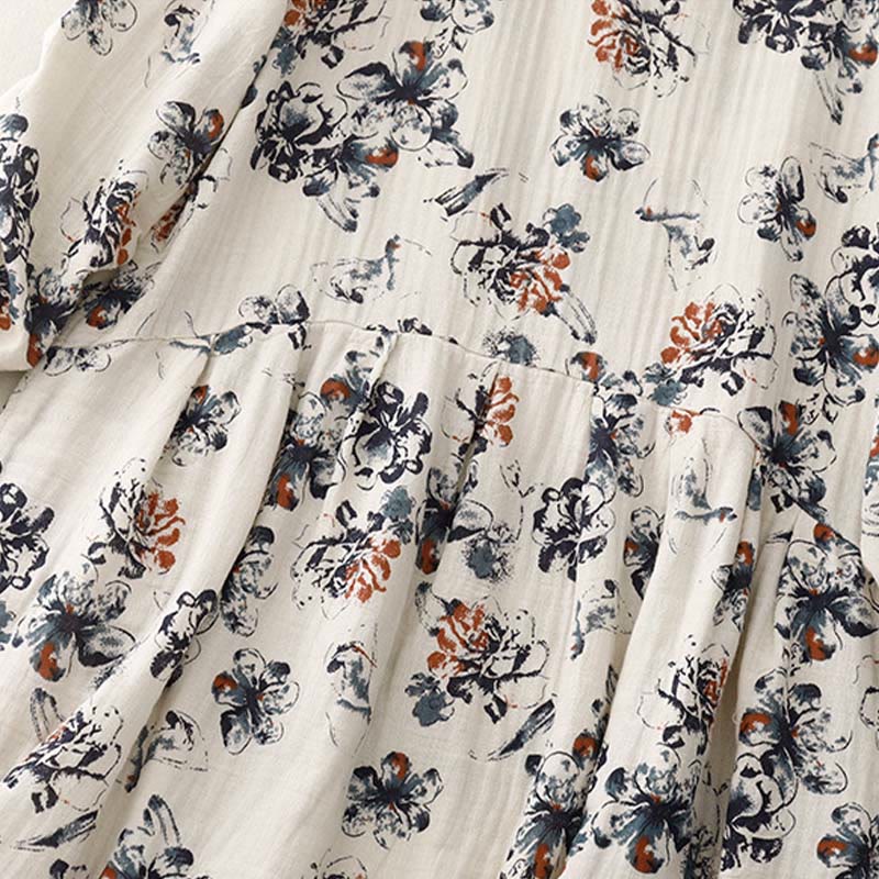 Buddha Stones Casual Small Floral Pattern Crew Neck Cotton Linen Midi Dress With Pockets - image 8