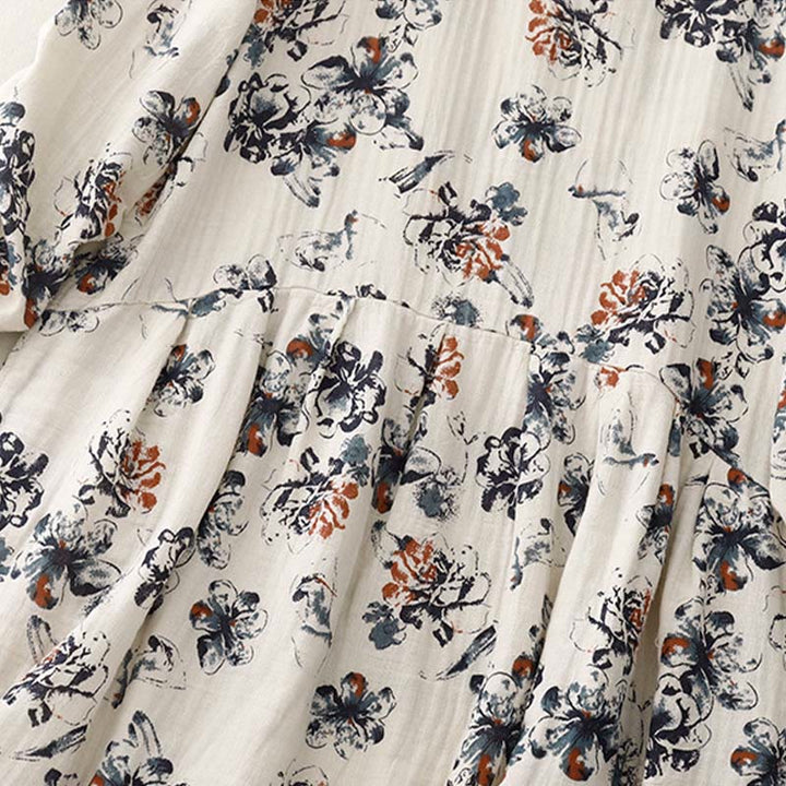 Buddha Stones Casual Small Floral Pattern Crew Neck Cotton Linen Midi Dress With Pockets - image 8