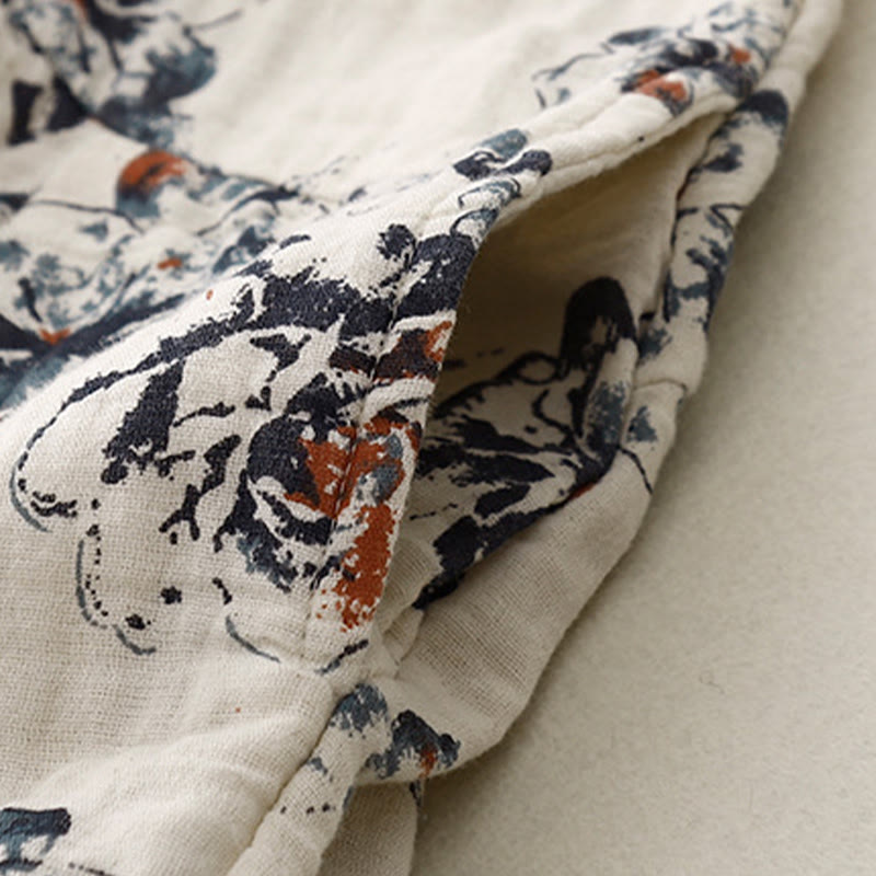 Buddha Stones Casual Small Floral Pattern Crew Neck Cotton Linen Midi Dress With Pockets - image 11