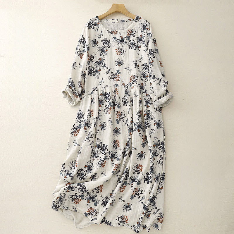 Buddha Stones Casual Small Floral Pattern Crew Neck Cotton Linen Midi Dress With Pockets - FloralWhite - US8-10,UK/AU12-14,EU40-42 (2XL) - image 1