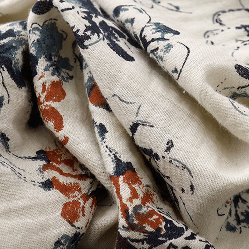 Buddha Stones Casual Small Floral Pattern Crew Neck Cotton Linen Midi Dress With Pockets - image 7