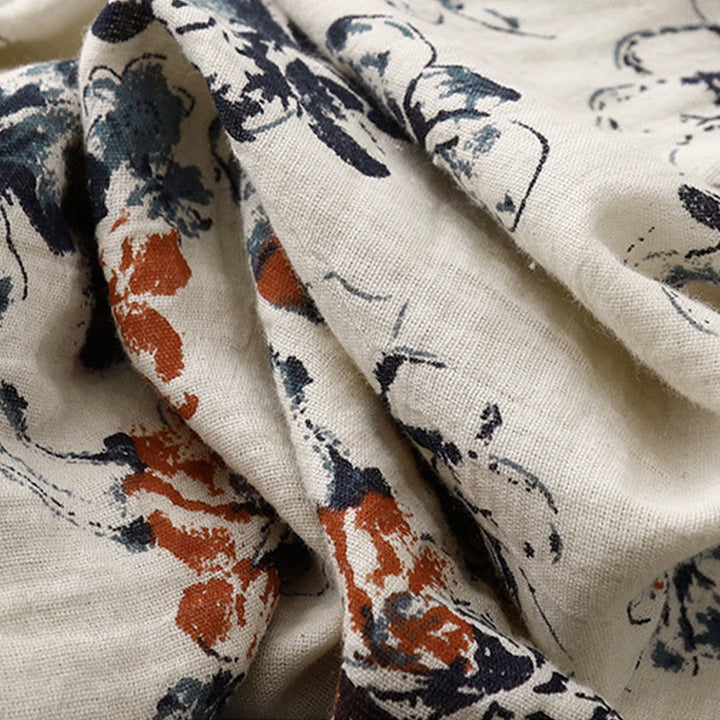 Buddha Stones Casual Small Floral Pattern Crew Neck Cotton Linen Midi Dress With Pockets - image 7