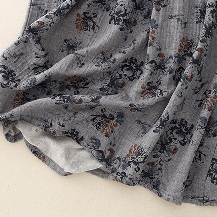 Buddha Stones Casual Small Floral Pattern Crew Neck Cotton Linen Midi Dress With Pockets - image 18