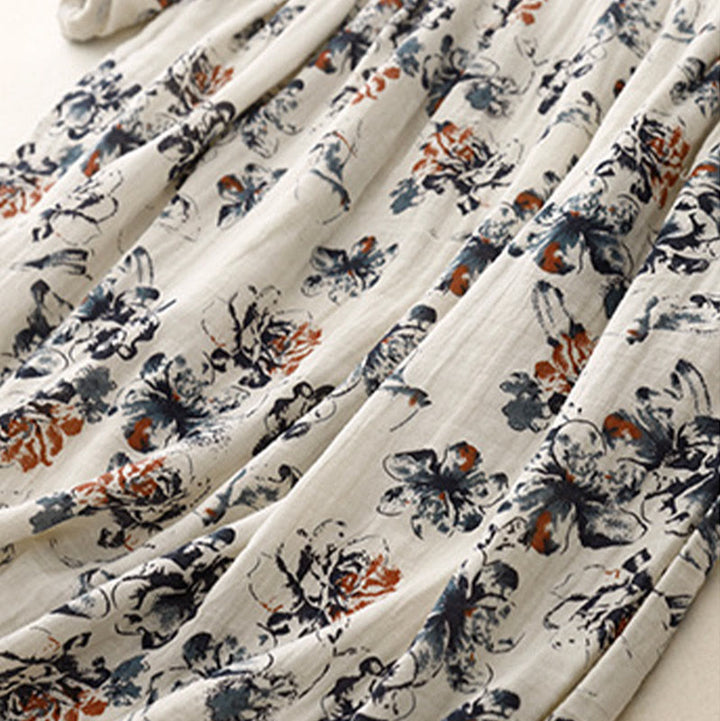 Buddha Stones Casual Small Floral Pattern Crew Neck Cotton Linen Midi Dress With Pockets - image 9