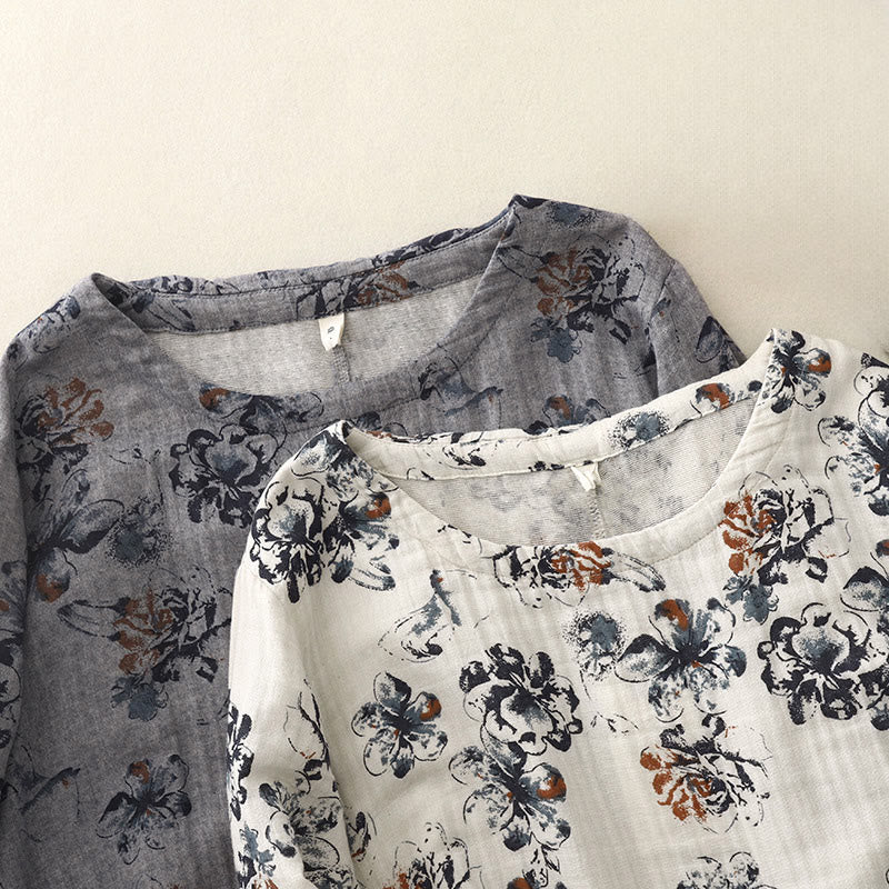 Buddha Stones Casual Small Floral Pattern Crew Neck Cotton Linen Midi Dress With Pockets - image 22