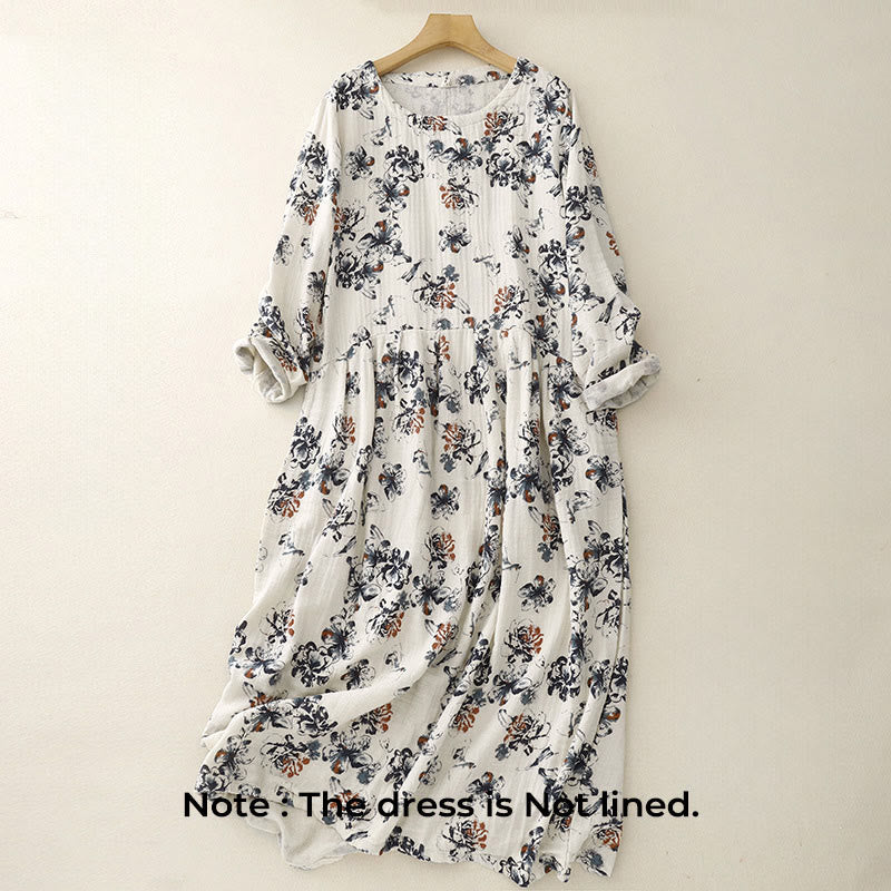Buddha Stones Casual Small Floral Pattern Crew Neck Cotton Linen Midi Dress With Pockets - image 2