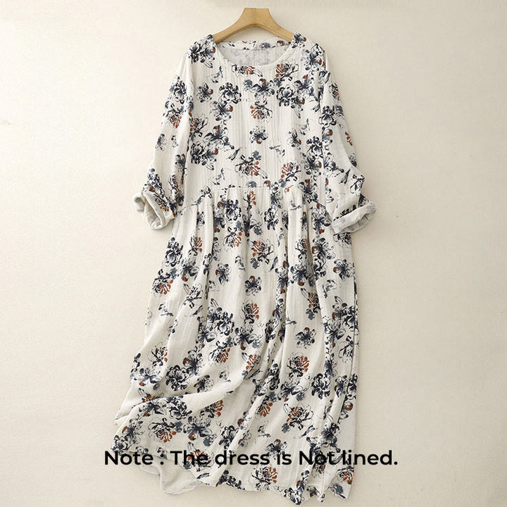 Buddha Stones Casual Small Floral Pattern Crew Neck Cotton Linen Midi Dress With Pockets - image 2