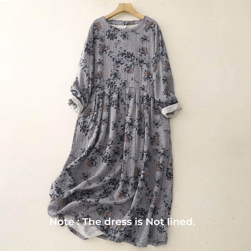 Buddha Stones Casual Small Floral Pattern Crew Neck Cotton Linen Midi Dress With Pockets - image 13