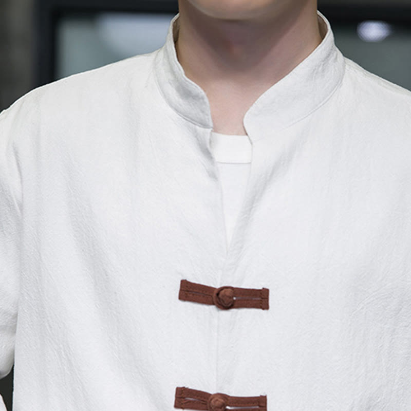 Buddha Stones Men's Stand Collar Frog-button Cotton Linen Long Sleeve Shirt With Pockets - image 9