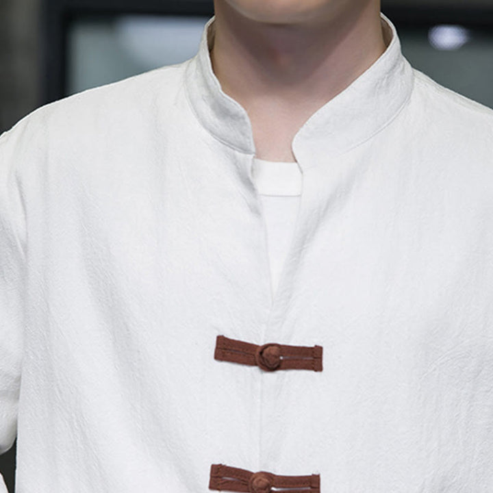 Buddha Stones Men's Stand Collar Frog-button Cotton Linen Long Sleeve Shirt With Pockets - image 9