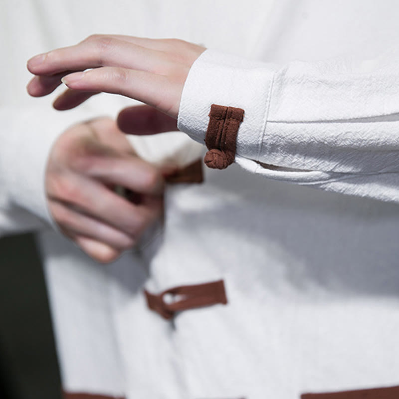 Buddha Stones Men's Stand Collar Frog-button Cotton Linen Long Sleeve Shirt With Pockets - image 6