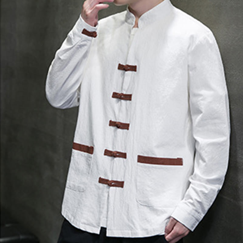 Buddha Stones Men's Stand Collar Frog-button Cotton Linen Long Sleeve Shirt With Pockets - image 2