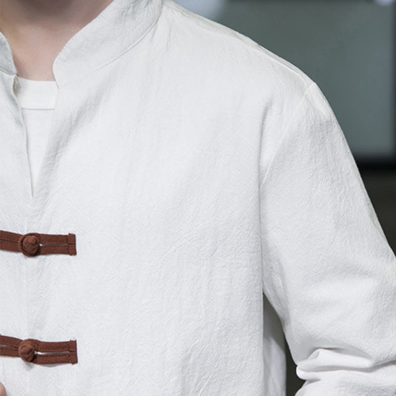 Buddha Stones Men's Stand Collar Frog-button Cotton Linen Long Sleeve Shirt With Pockets - image 8