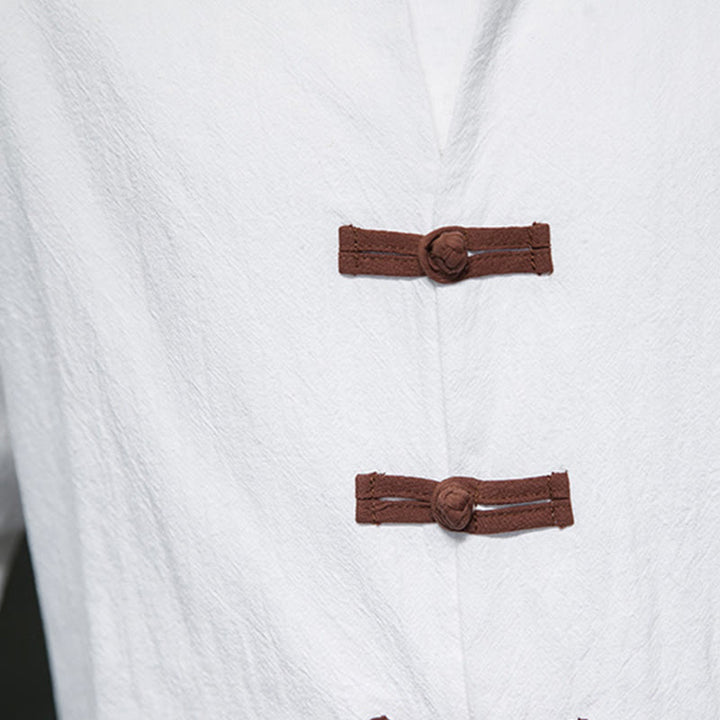 Buddha Stones Men's Stand Collar Frog-button Cotton Linen Long Sleeve Shirt With Pockets - image 7