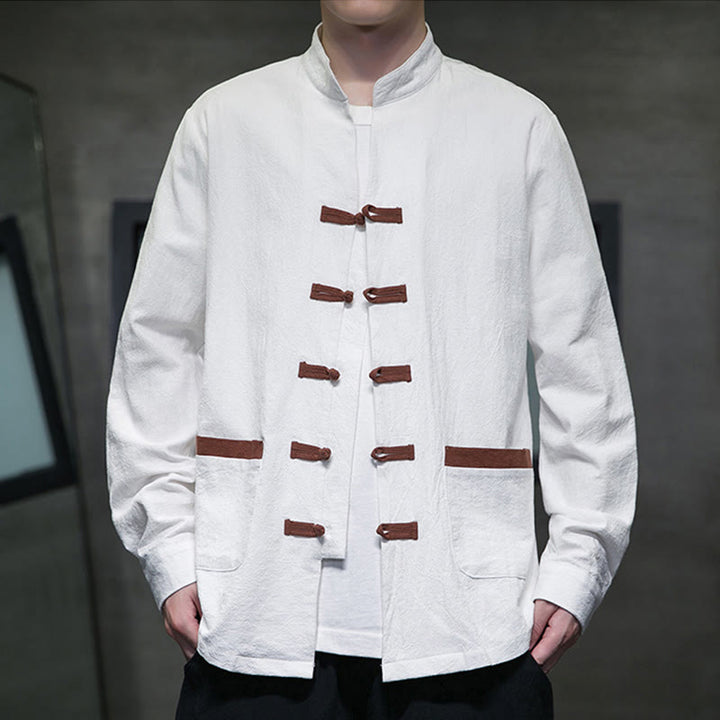 Buddha Stones Men's Stand Collar Frog-button Cotton Linen Long Sleeve Shirt With Pockets - White - US/UK/AU46,EU56 (5XL) - image 1