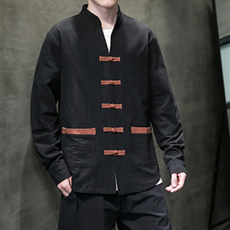 Buddha Stones Men's Stand Collar Frog-button Cotton Linen Long Sleeve Shirt With Pockets - image 13