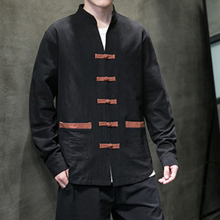 Buddha Stones Men's Stand Collar Frog-button Cotton Linen Long Sleeve Shirt With Pockets - image 13