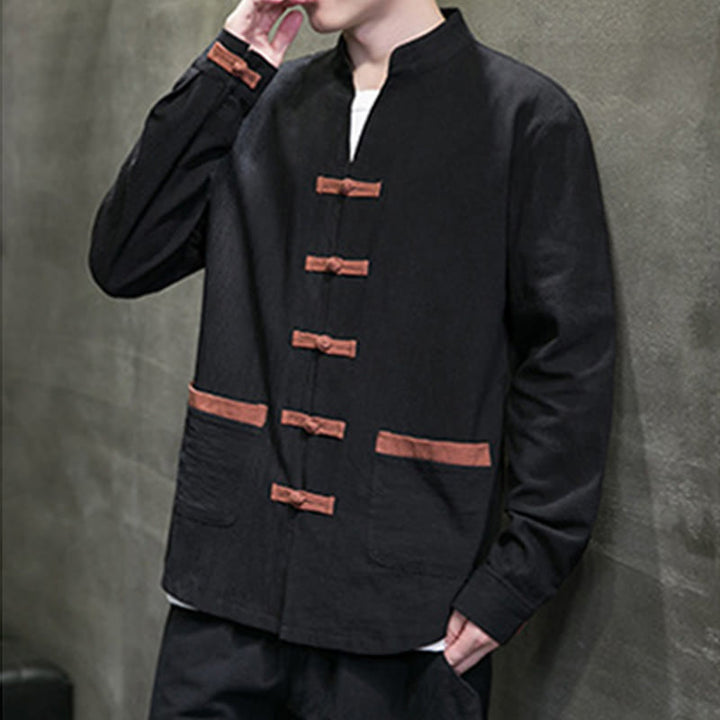 Buddha Stones Men's Stand Collar Frog-button Cotton Linen Long Sleeve Shirt With Pockets - image 12