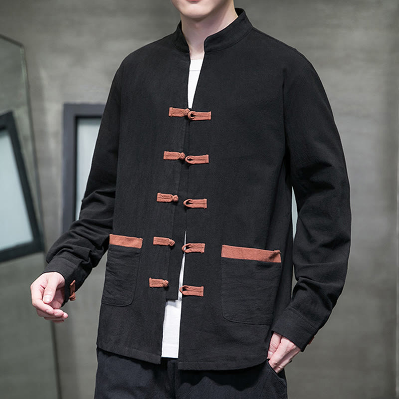 Buddha Stones Men's Stand Collar Frog-button Cotton Linen Long Sleeve Shirt With Pockets - image 11