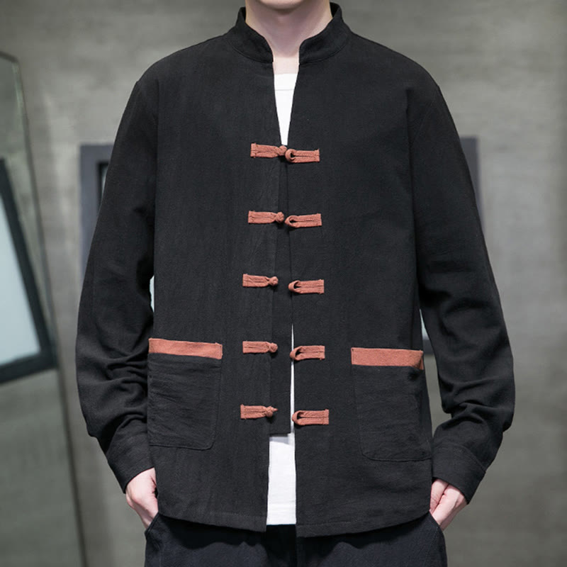 Buddha Stones Men's Stand Collar Frog-button Cotton Linen Long Sleeve Shirt With Pockets - Black - US/UK/AU46,EU56 (5XL) - image 10