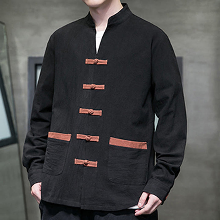 Buddha Stones Men's Stand Collar Frog-button Cotton Linen Long Sleeve Shirt With Pockets - image 15