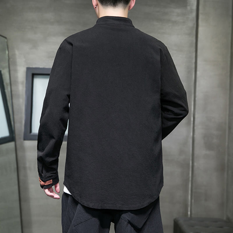 Buddha Stones Men's Stand Collar Frog-button Cotton Linen Long Sleeve Shirt With Pockets - image 14