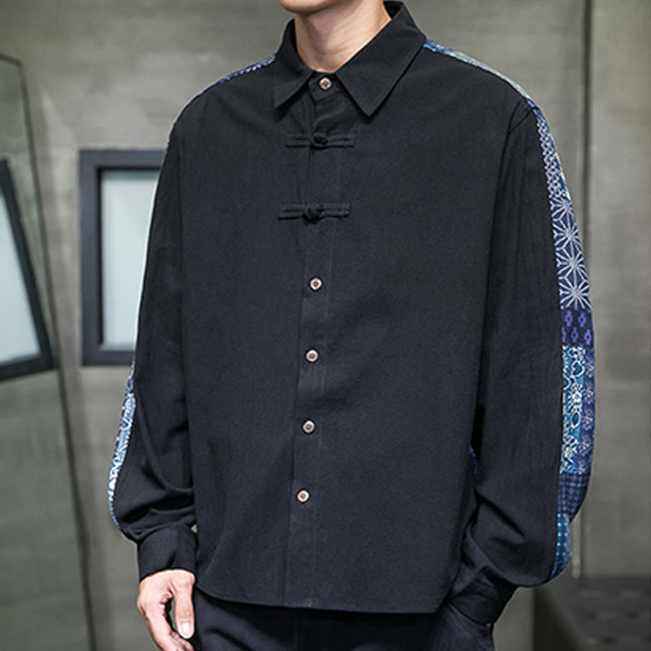 Buddha Stones Men's Flower Pattern Stitching Cotton Blend Long Sleeve Shirt - image 4