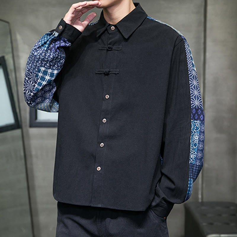 Buddha Stones Men's Flower Pattern Stitching Cotton Blend Long Sleeve Shirt - image 2