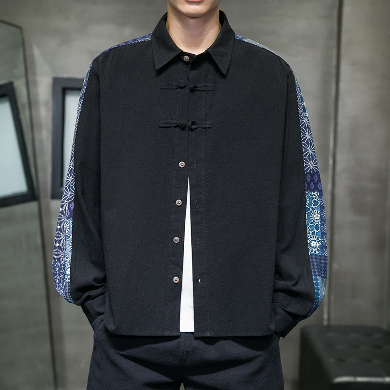 Buddha Stones Men's Flower Pattern Stitching Cotton Blend Long Sleeve Shirt - Black - US/UK/AU50,EU60 (5XL) - image 1