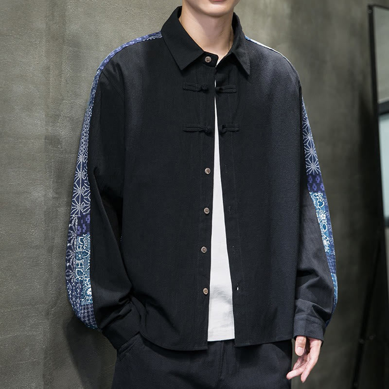 Buddha Stones Men's Flower Pattern Stitching Cotton Blend Long Sleeve Shirt - image 7