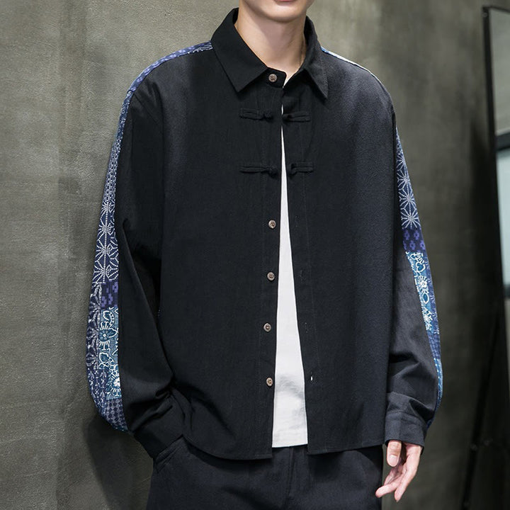 Buddha Stones Men's Flower Pattern Stitching Cotton Blend Long Sleeve Shirt - image 7