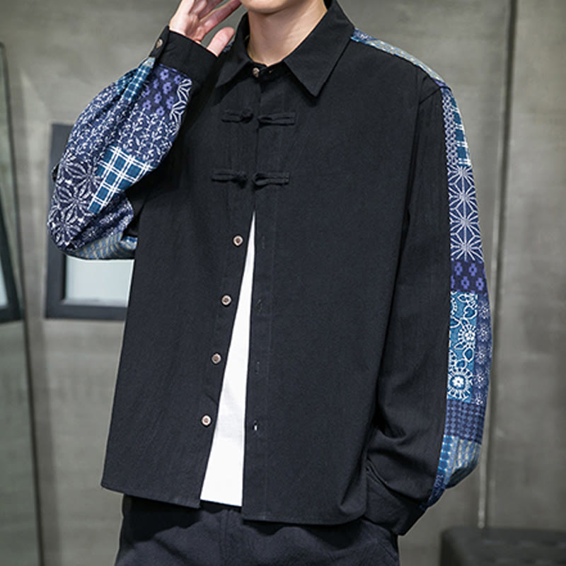 Buddha Stones Men's Flower Pattern Stitching Cotton Blend Long Sleeve Shirt - image 6