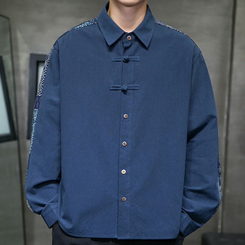 Buddha Stones Men's Flower Pattern Stitching Cotton Blend Long Sleeve Shirt - image 18