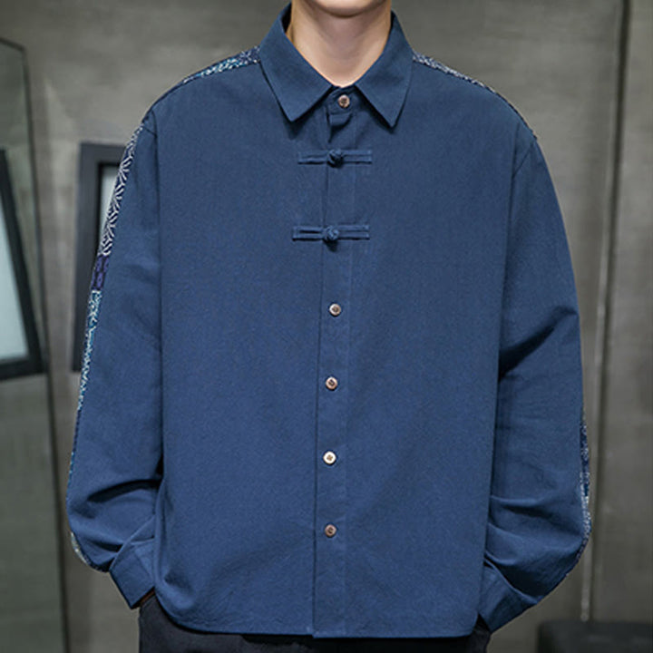 Buddha Stones Men's Flower Pattern Stitching Cotton Blend Long Sleeve Shirt - image 18