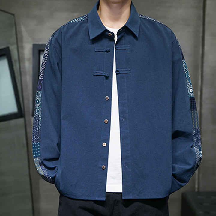 Buddha Stones Men's Flower Pattern Stitching Cotton Blend Long Sleeve Shirt - SteelBlue - US/UK/AU50,EU60 (5XL) - image 17