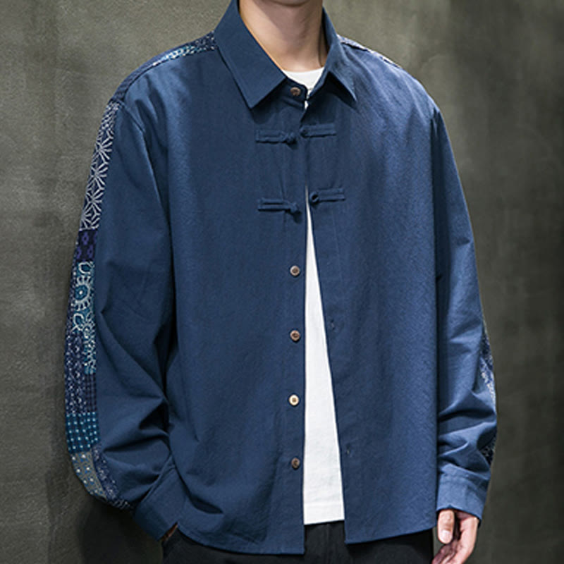 Buddha Stones Men's Flower Pattern Stitching Cotton Blend Long Sleeve Shirt - image 20