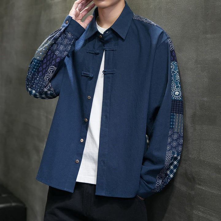 Buddha Stones Men's Flower Pattern Stitching Cotton Blend Long Sleeve Shirt - image 21