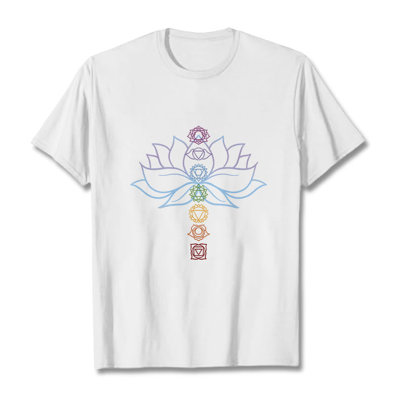 Buddha Stones Pastel Hues Lotus Flower Chakra Symbols Meditation Cotton Tee T-shirt - White - 2XL - image 1